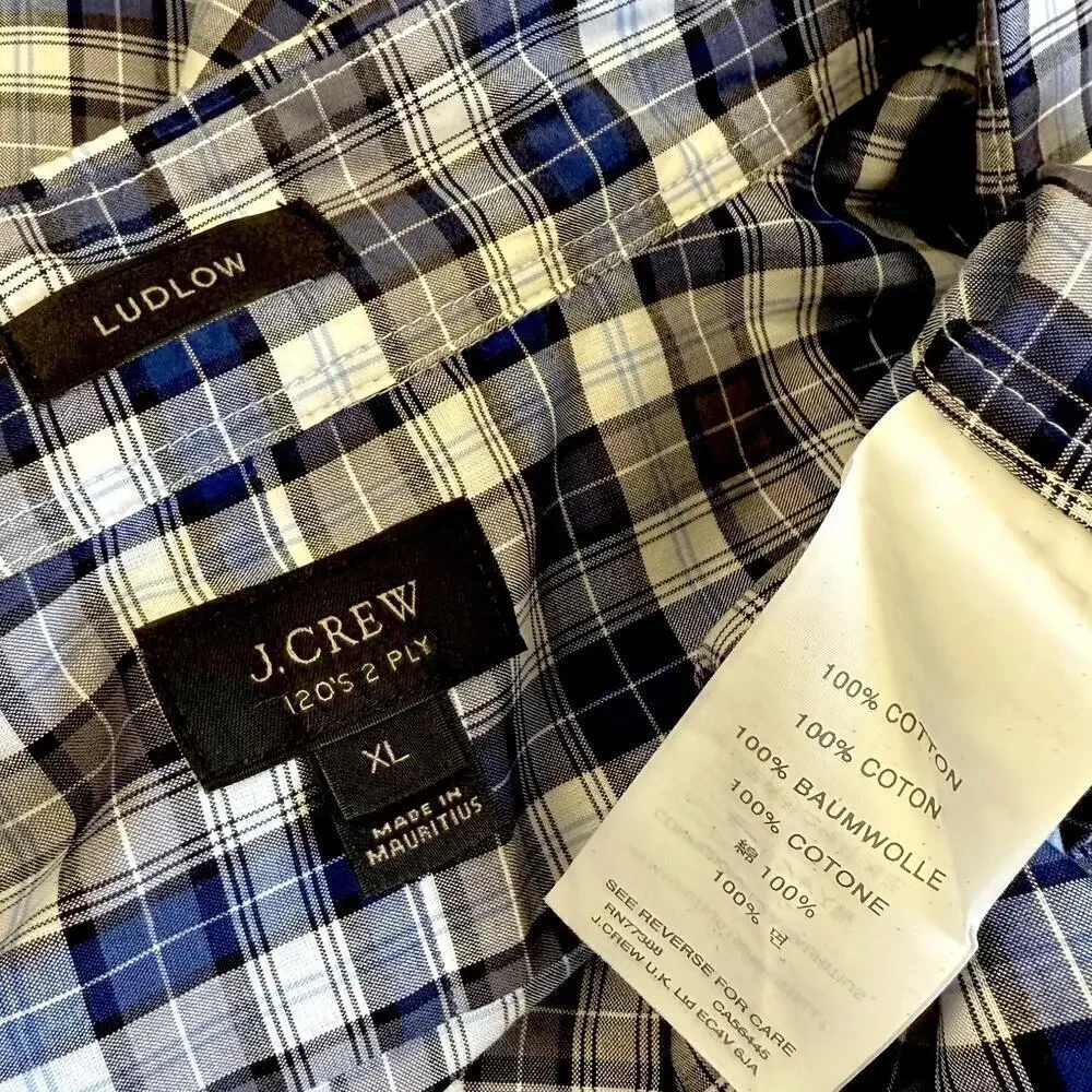 J. Crew Ludlow Plaid Long Sleeve Button Up Shirt Men Size XL 2 Ply Cotton Blue